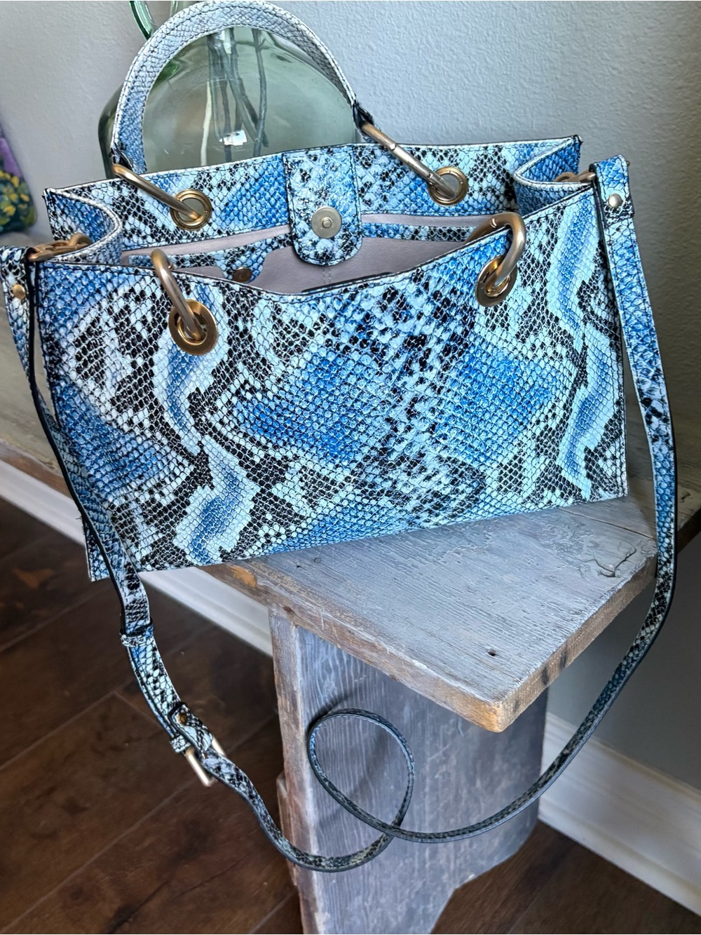 Anthropologie blue leather snake-print handle bag with shoulder strap